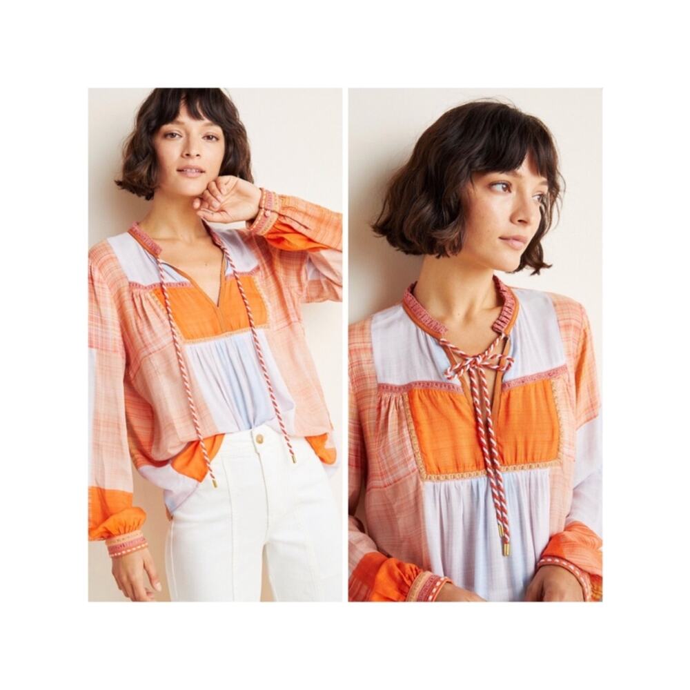Conditions Apply Painterly Peasant Blouse Orange Blue Squares size medium